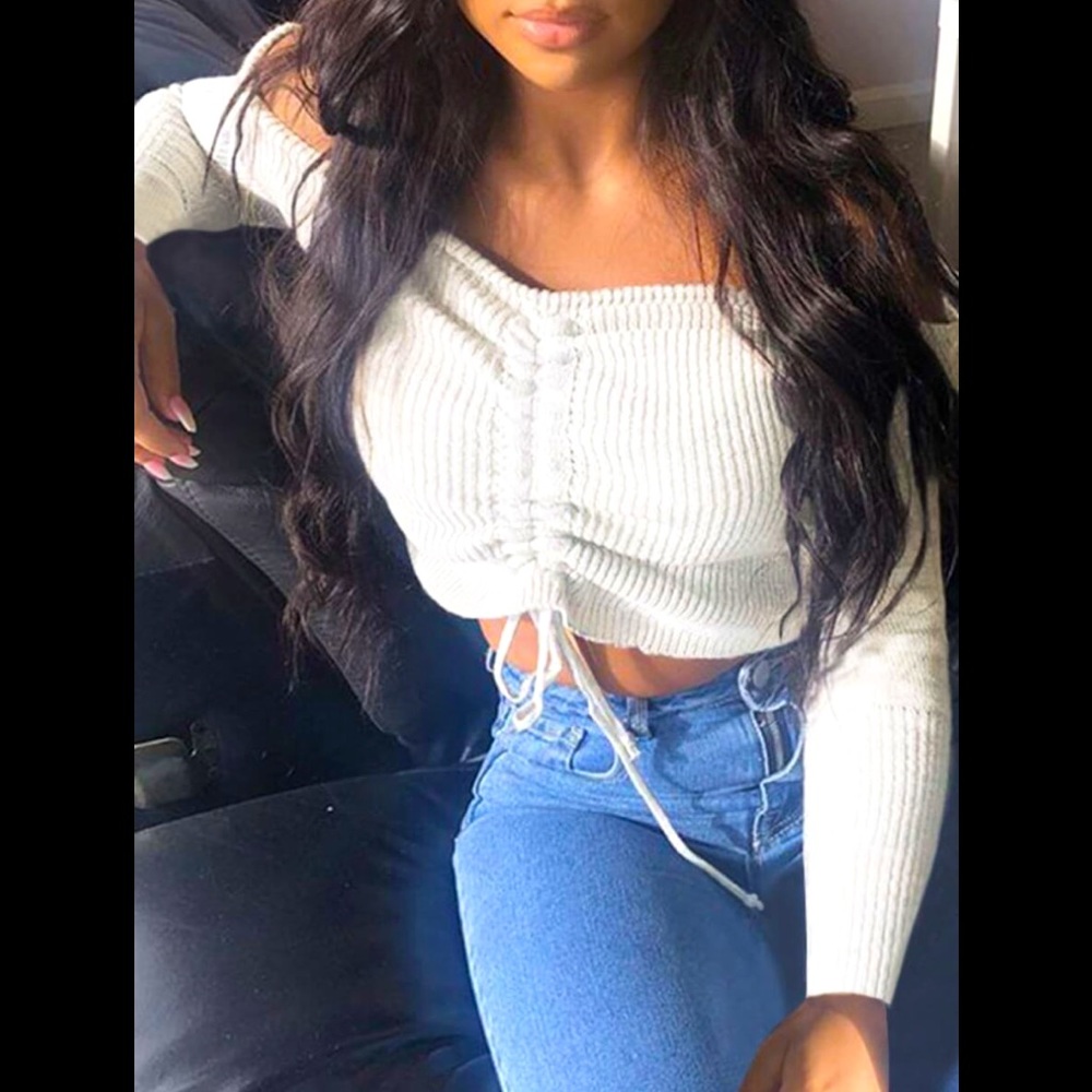 Stylish Off Shoulder V-Neck Ruched Drawstring ⬆️ The Middle White Sweater
